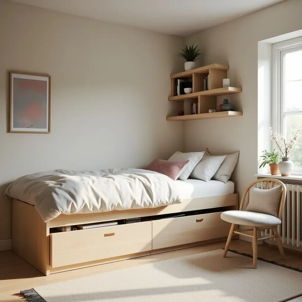 a photo of a functional kids&#x27; bedroom with under-bed storage