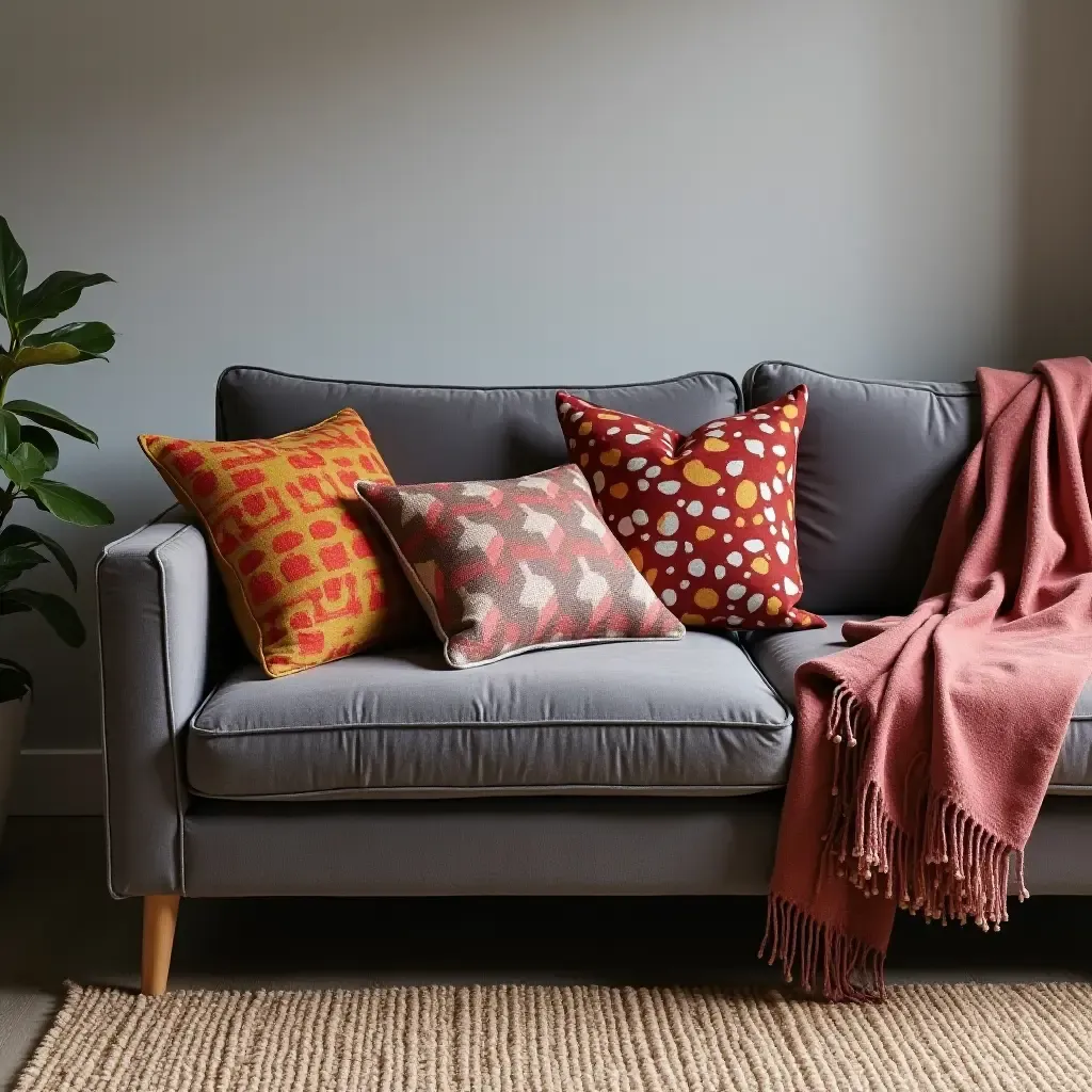 a photo of a grey sofa accented by a colorful patterned throw and cushions