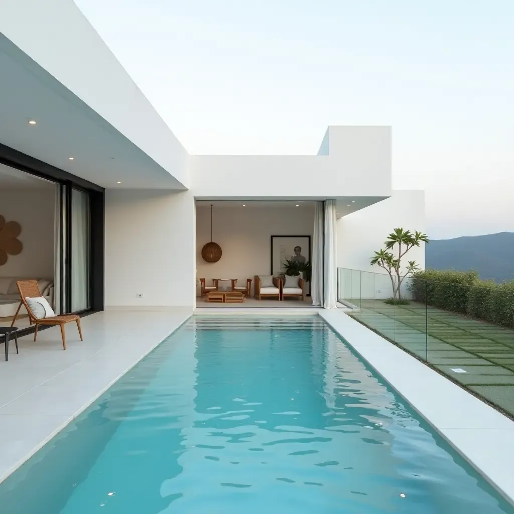 a photo of a minimalist pool design with contemporary art pieces nearby