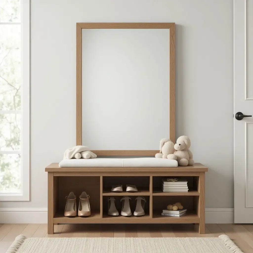 a photo of a wooden shoe storage bench with a mirror