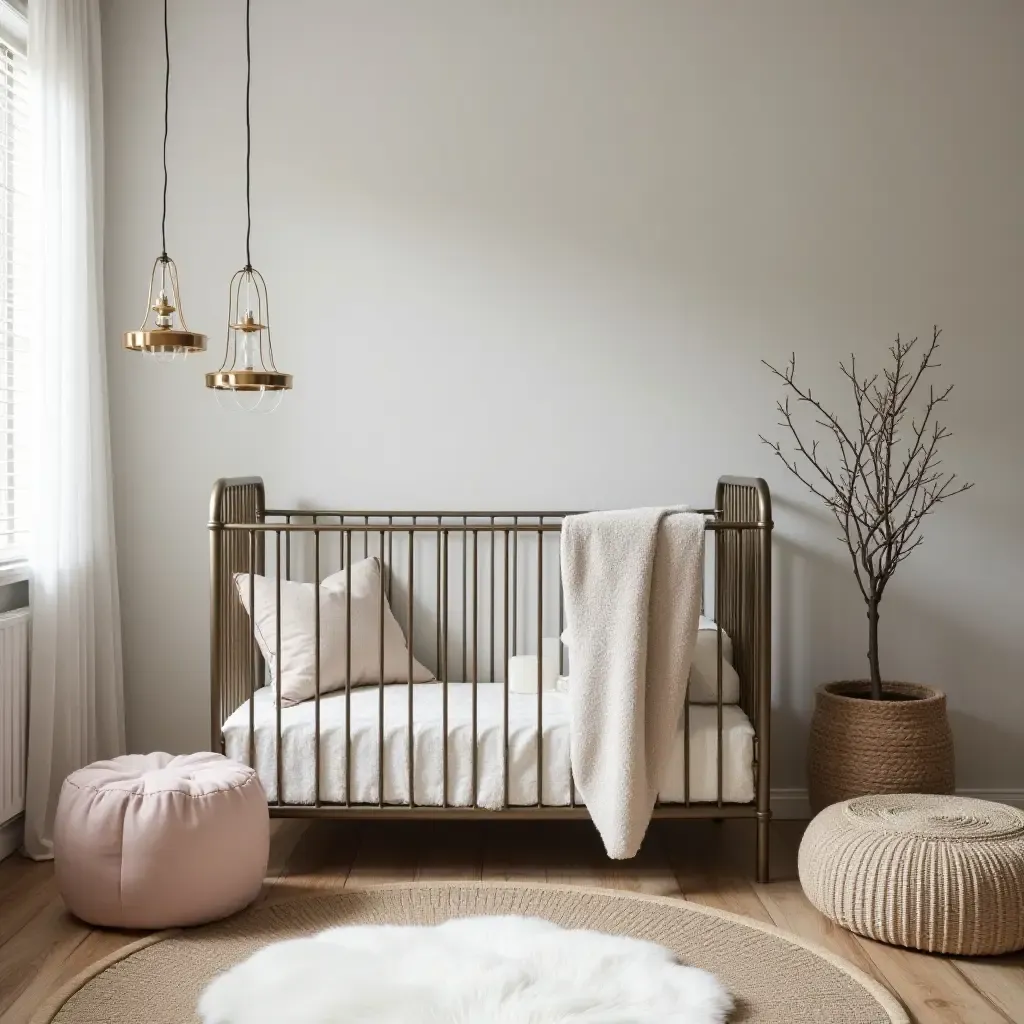 a photo of a cozy nursery with metal accents and plush textiles