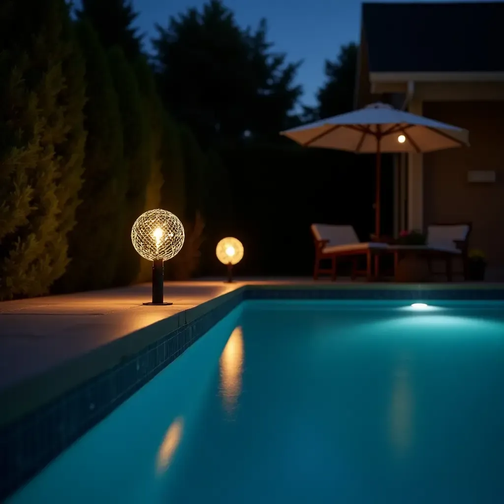 a photo of a cozy poolside setting with solar-powered garden lights