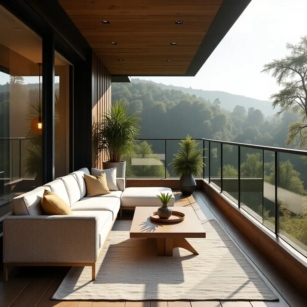 a photo of a balcony showcasing a stylish mix of fabric, wood, and metal in decor