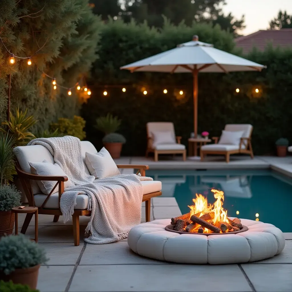 a photo of a cozy lounge by the pool with blankets and a fire pit