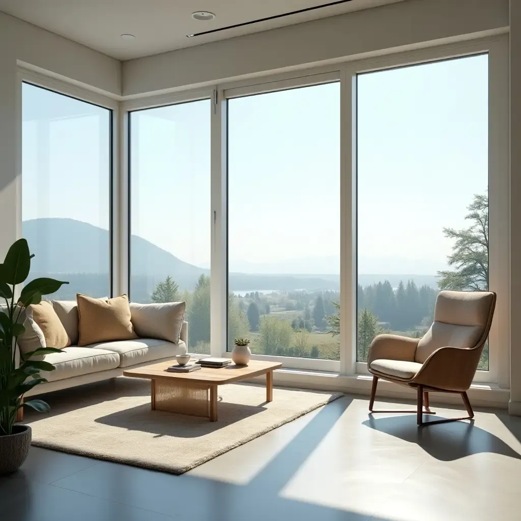 a photo of a bright, airy office with a view and comfortable seating