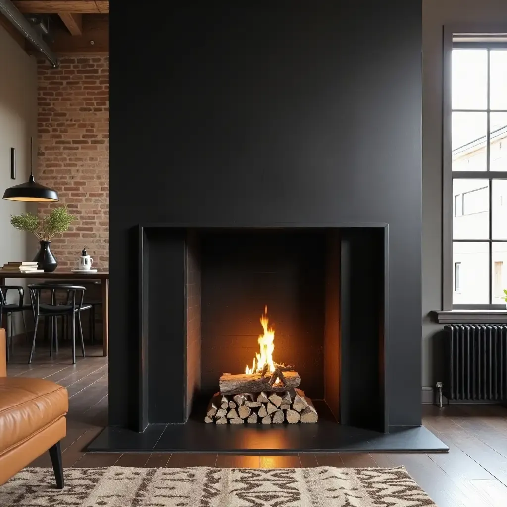 a photo of a bold black metal fireplace surround in an industrial loft