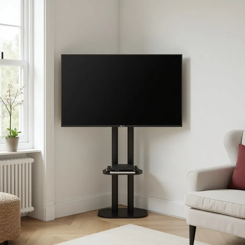 a photo of a corner TV mounted on a decorative easel