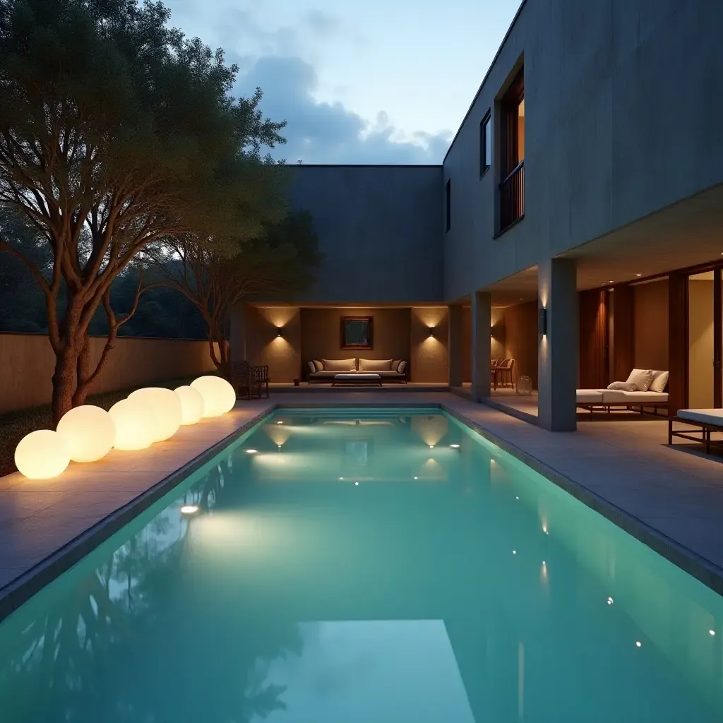 a photo of a tranquil poolside retreat with soft, glowing orbs