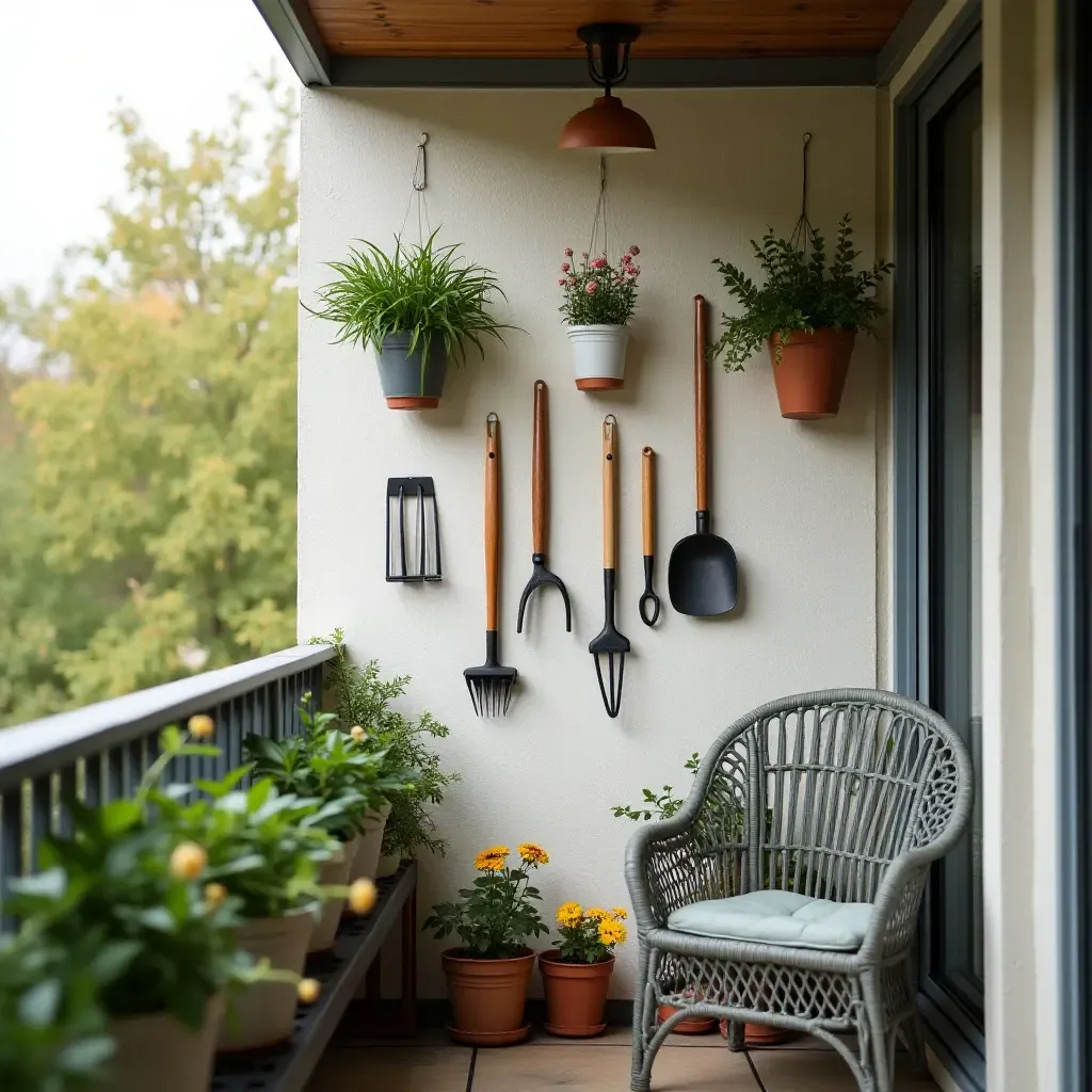 a photo of a balcony with a chic pegboard for organized gardening tools