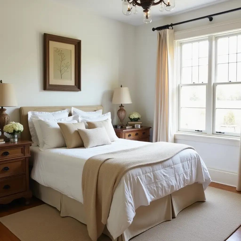 a photo of a vintage-inspired farmhouse bedroom with an antique dresser and soft bedding