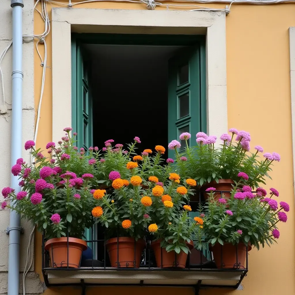 a photo of a small balcony with a vibrant mix of flowers and foliage