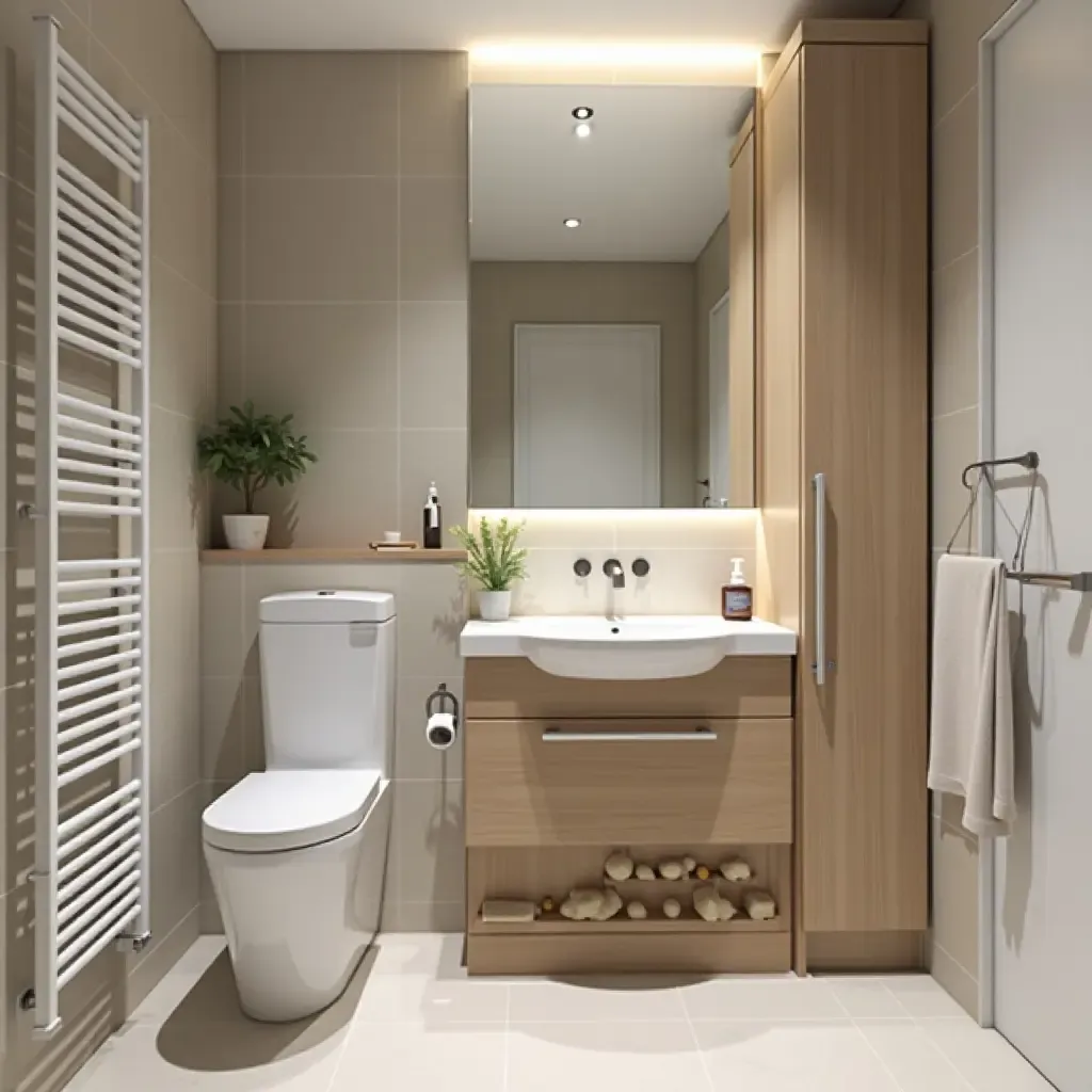 a photo of a compact bathroom with clever storage solutions and clean lines