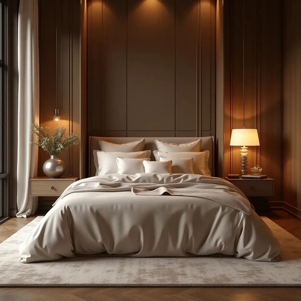 a photo of a luxurious bedroom with silk sheets and plush rugs