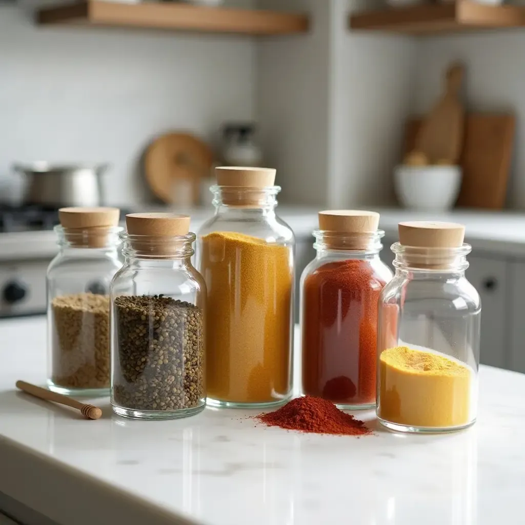 a photo of elegant glass canisters filled with colorful spices on a chic countertop