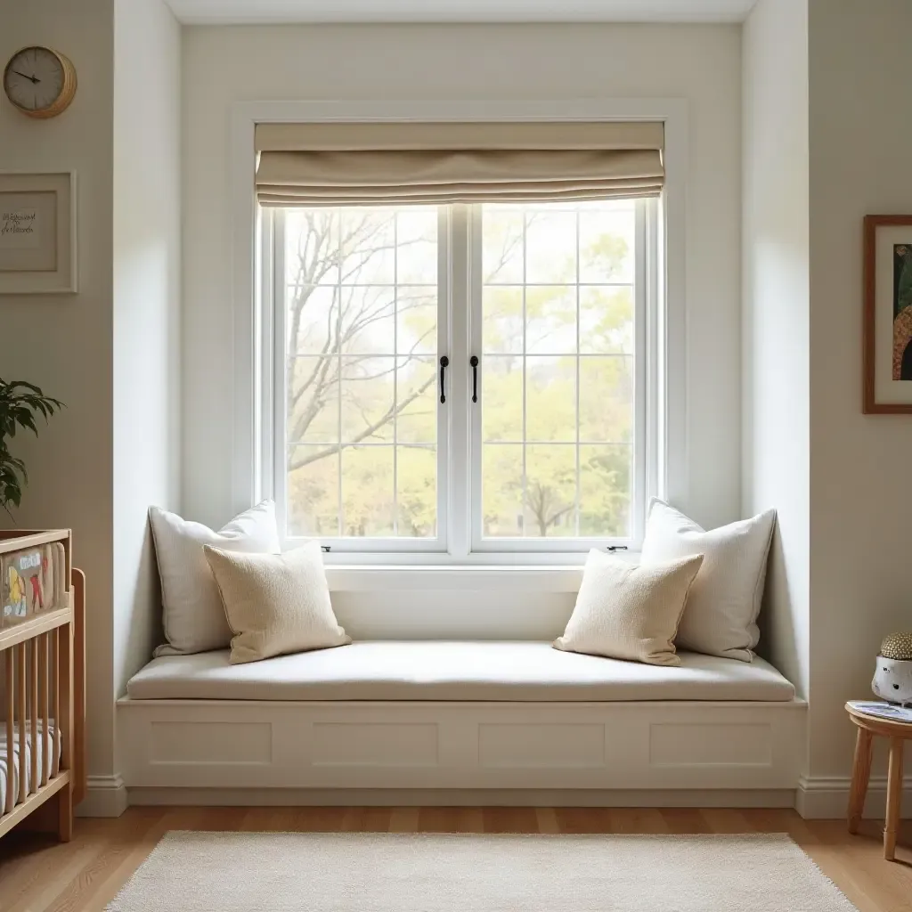 a photo of a nursery featuring a reading nook with a cozy window seat