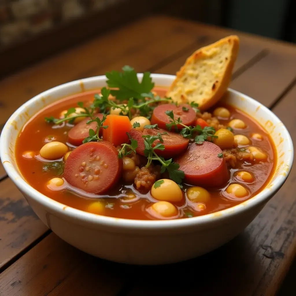 a photo of a rich Sopa de Pedra with beans, sausage, and vegetables