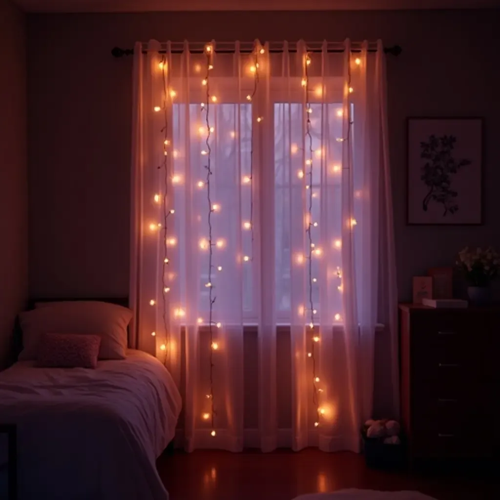 a photo of a magical fairy light curtain in a bedroom