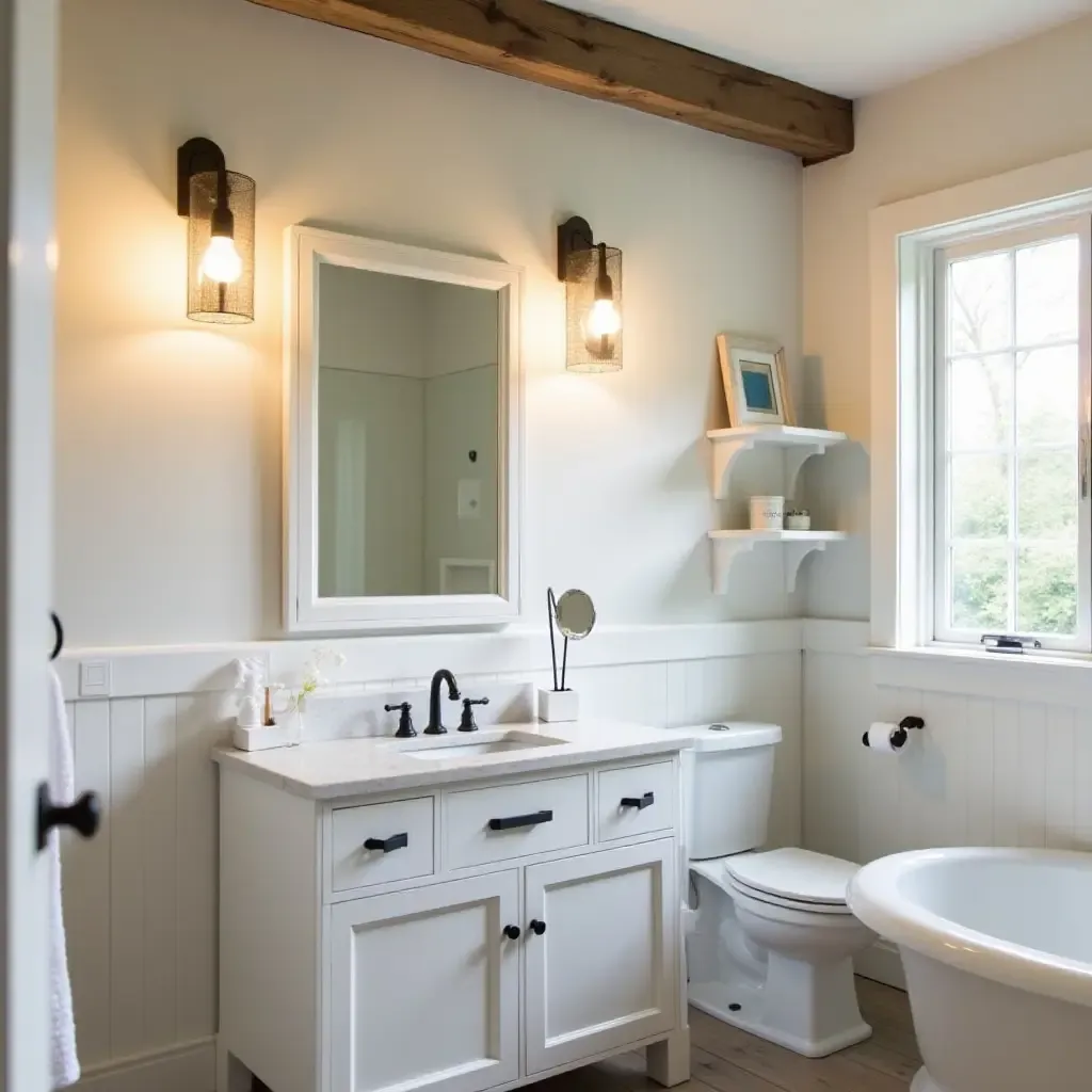 a photo of a farmhouse-style bathroom showcasing pendant lights made from reclaimed wood