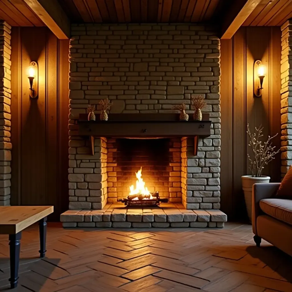 a photo of a wooden fireplace in a cozy basement setting