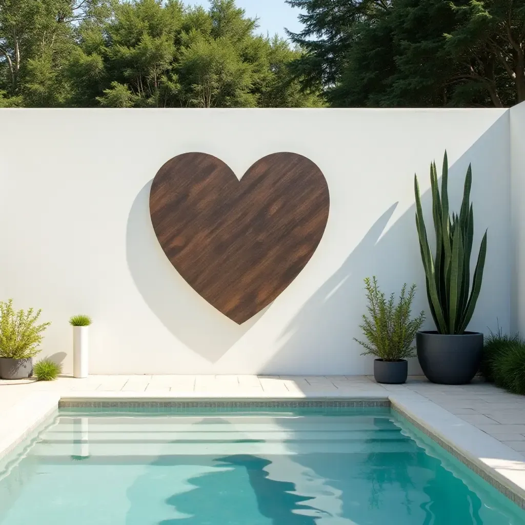 a photo of a stylish metal wall sculpture near the pool