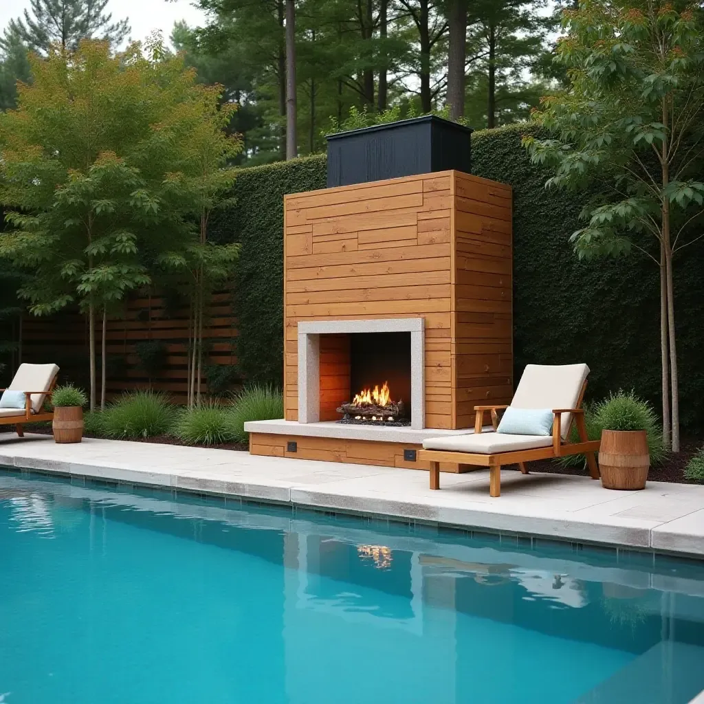 a photo of a wooden outdoor fireplace next to the pool