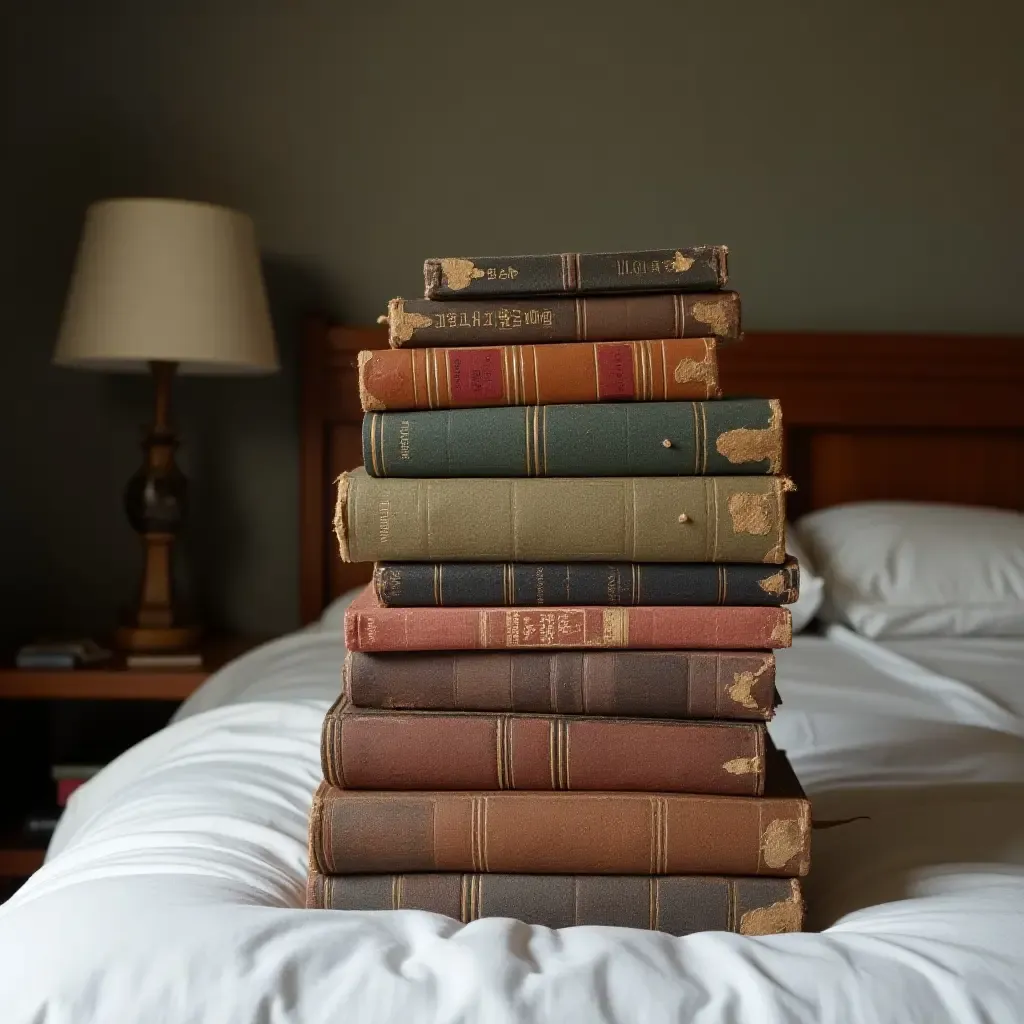 a photo of a collection of vintage books stacked above a bed