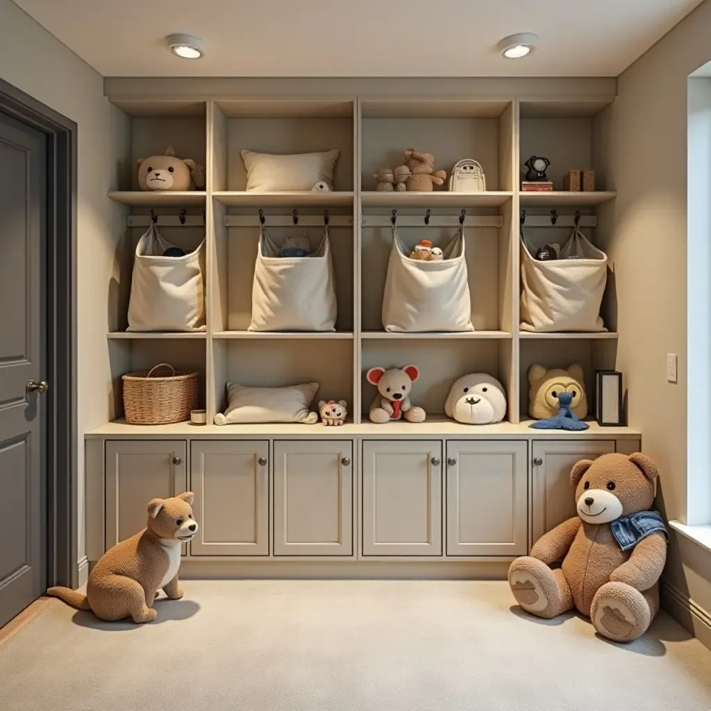 a photo of a basement with wall-mounted bins for kids’ toys