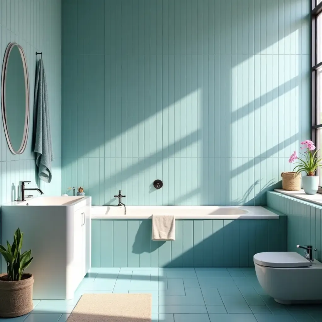 a photo of a peaceful bathroom with calming blue tiles and natural light