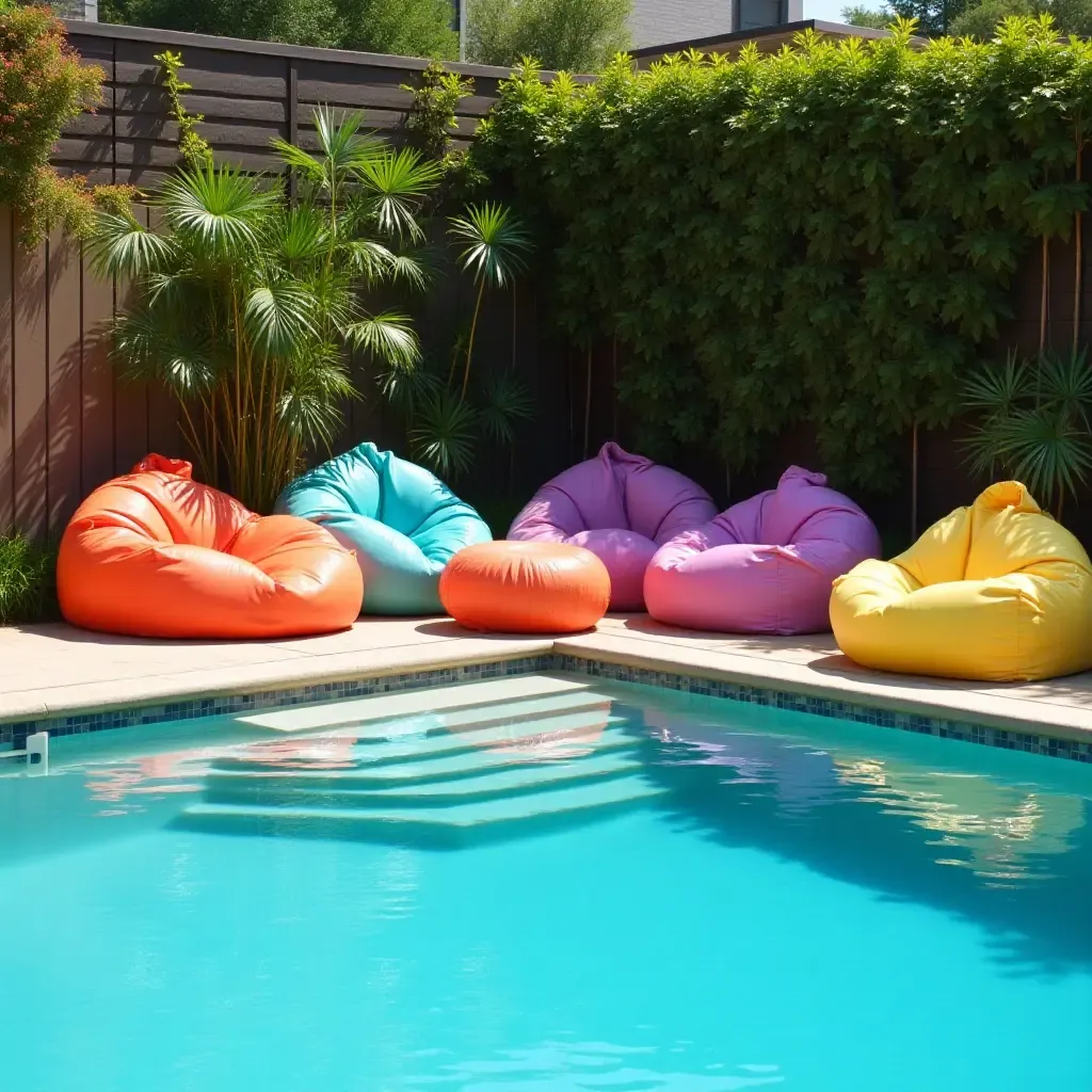 a photo of a pool area featuring oversized, colorful bean bags for lounging