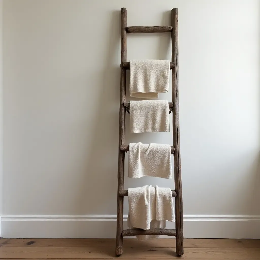 a photo of a rustic ladder used for blanket storage