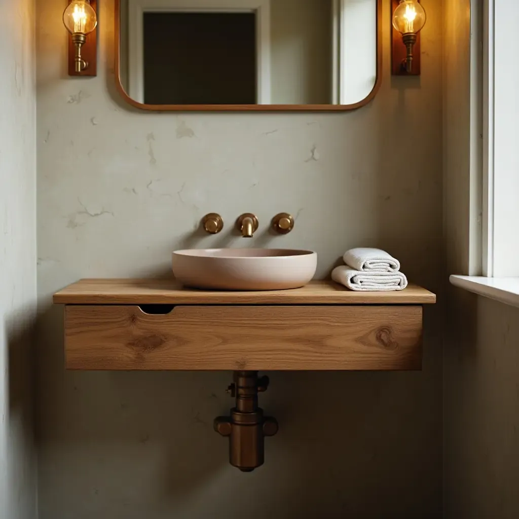 a photo of a wooden wall-mounted sink with brass fixtures in a vintage bathroom