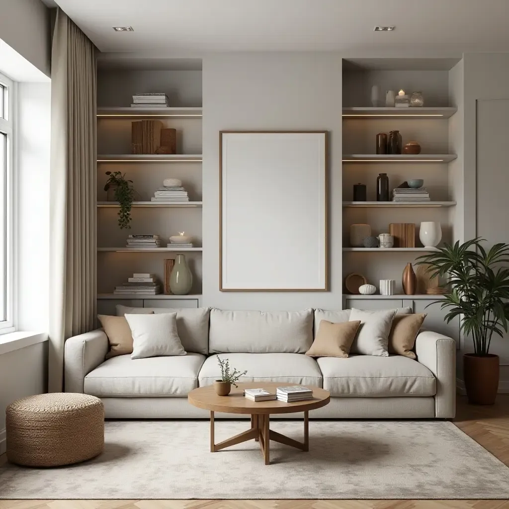 a photo of a chic living room with open shelves showcasing art and decorative items