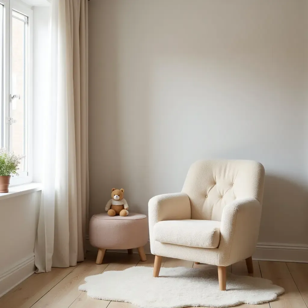 a photo of a nursery corner with a plush armchair and a soft rug