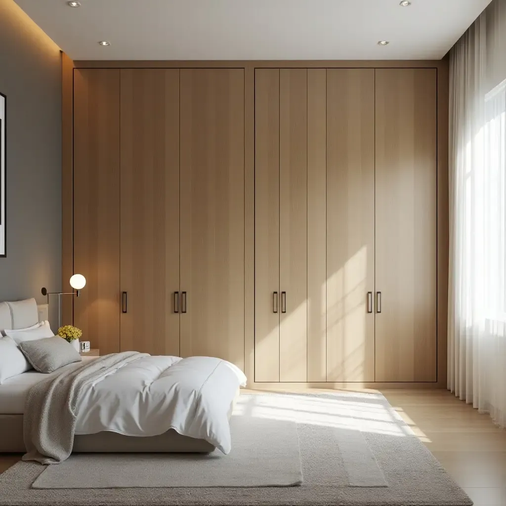 a photo of a spacious bedroom with a built-in wardrobe