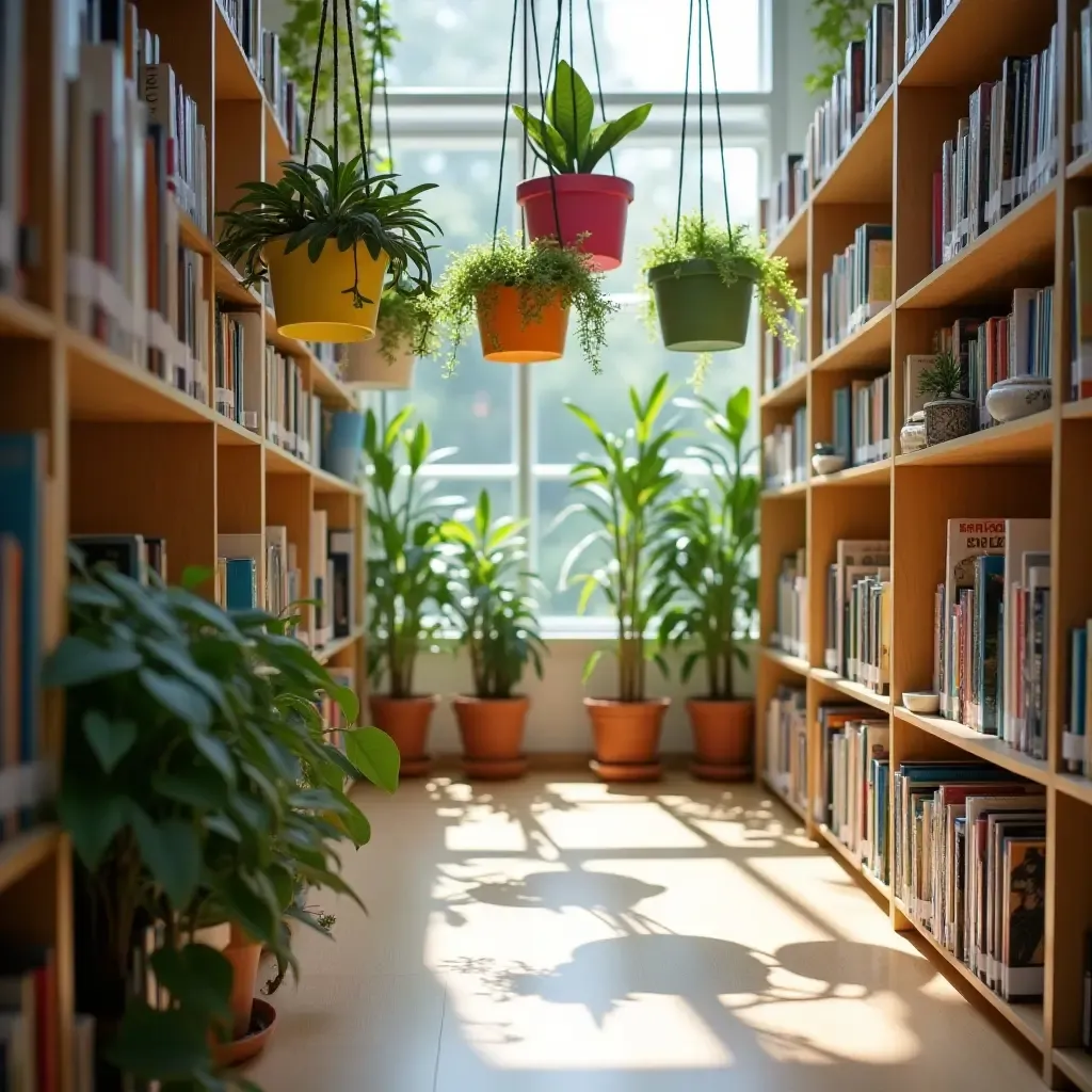 a photo of a library featuring colorful hanging planters