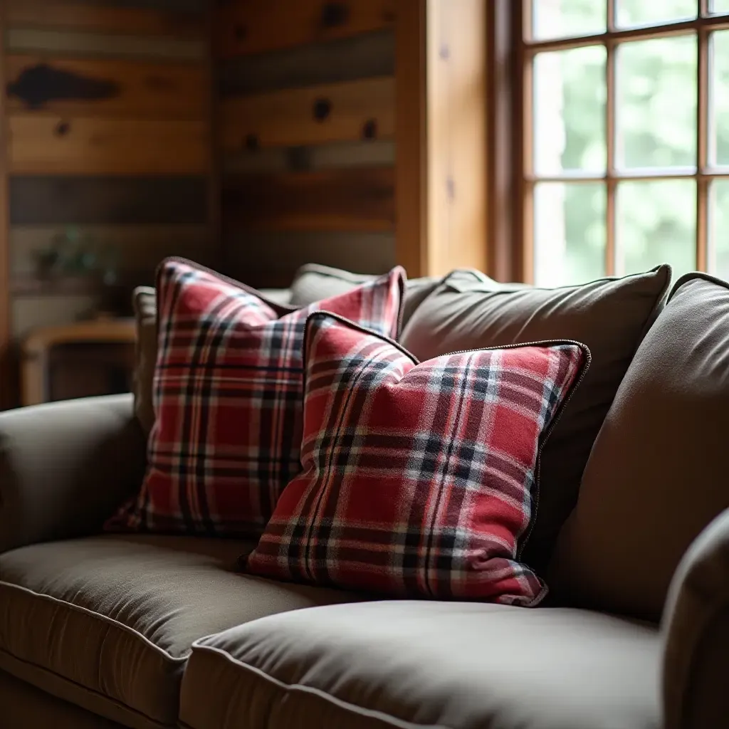 a photo of a rustic living room with plaid throw pillows on a wooden couch