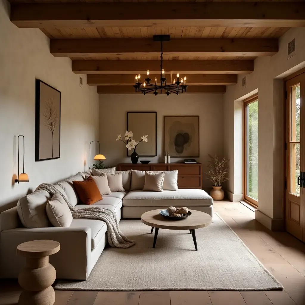 a photo of a basement with wooden beams and cozy throw pillows