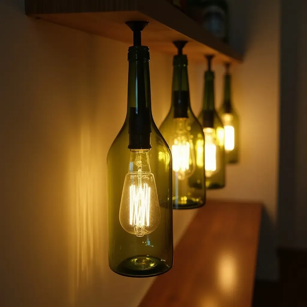 a photo of upcycled wine bottles as kitchen lighting