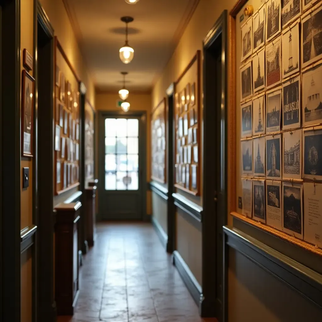 a photo of a nostalgic postcard display hanging in a hallway