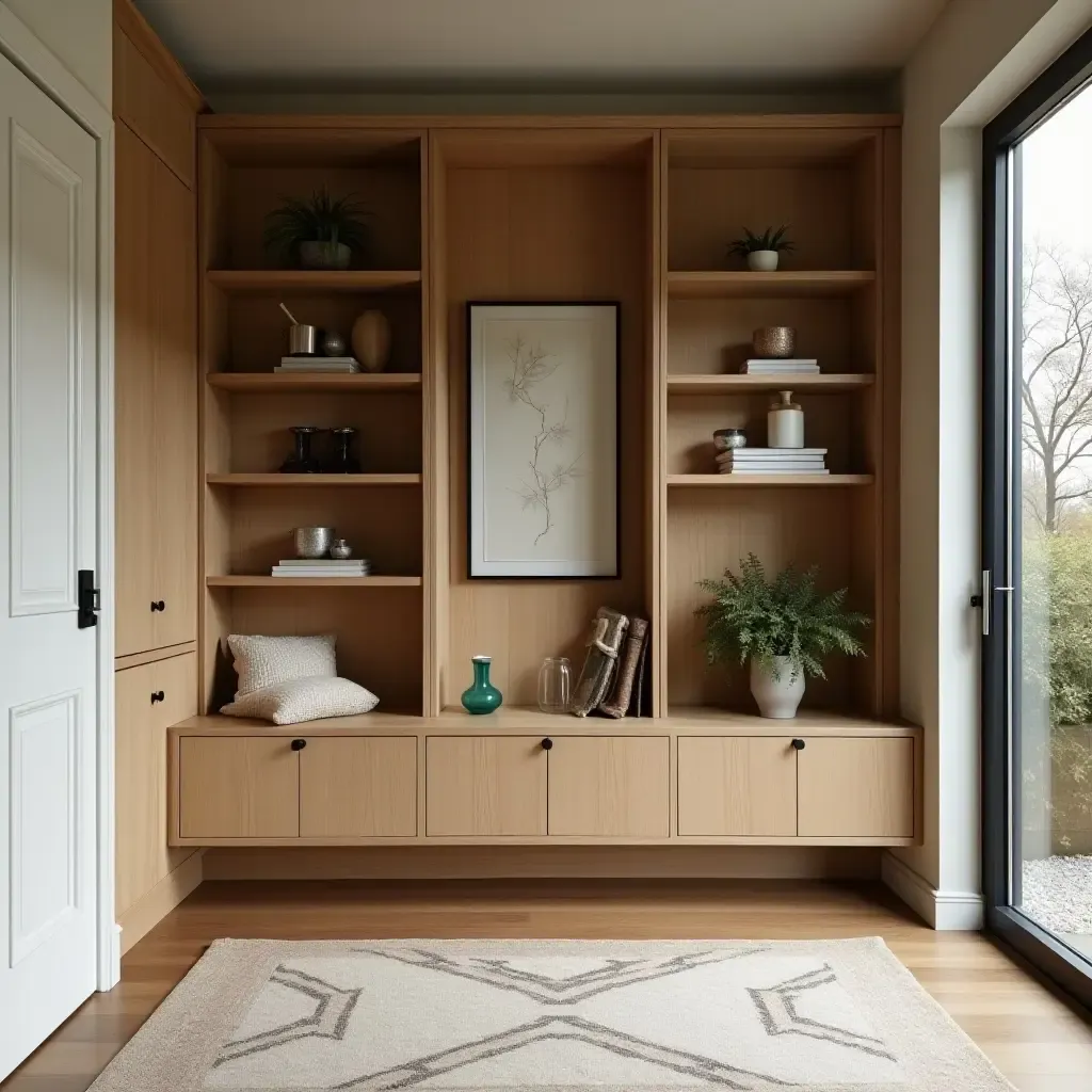 a photo of a cozy entrance hall showcasing artistic shelving with personal memorabilia