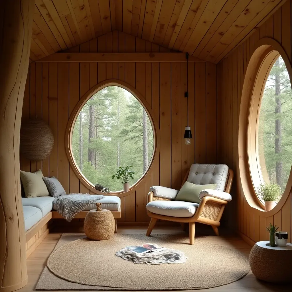 a photo of a treehouse-inspired reading nook with wooden elements