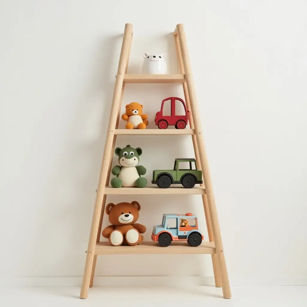 a photo of a creative ladder shelf for displaying toys