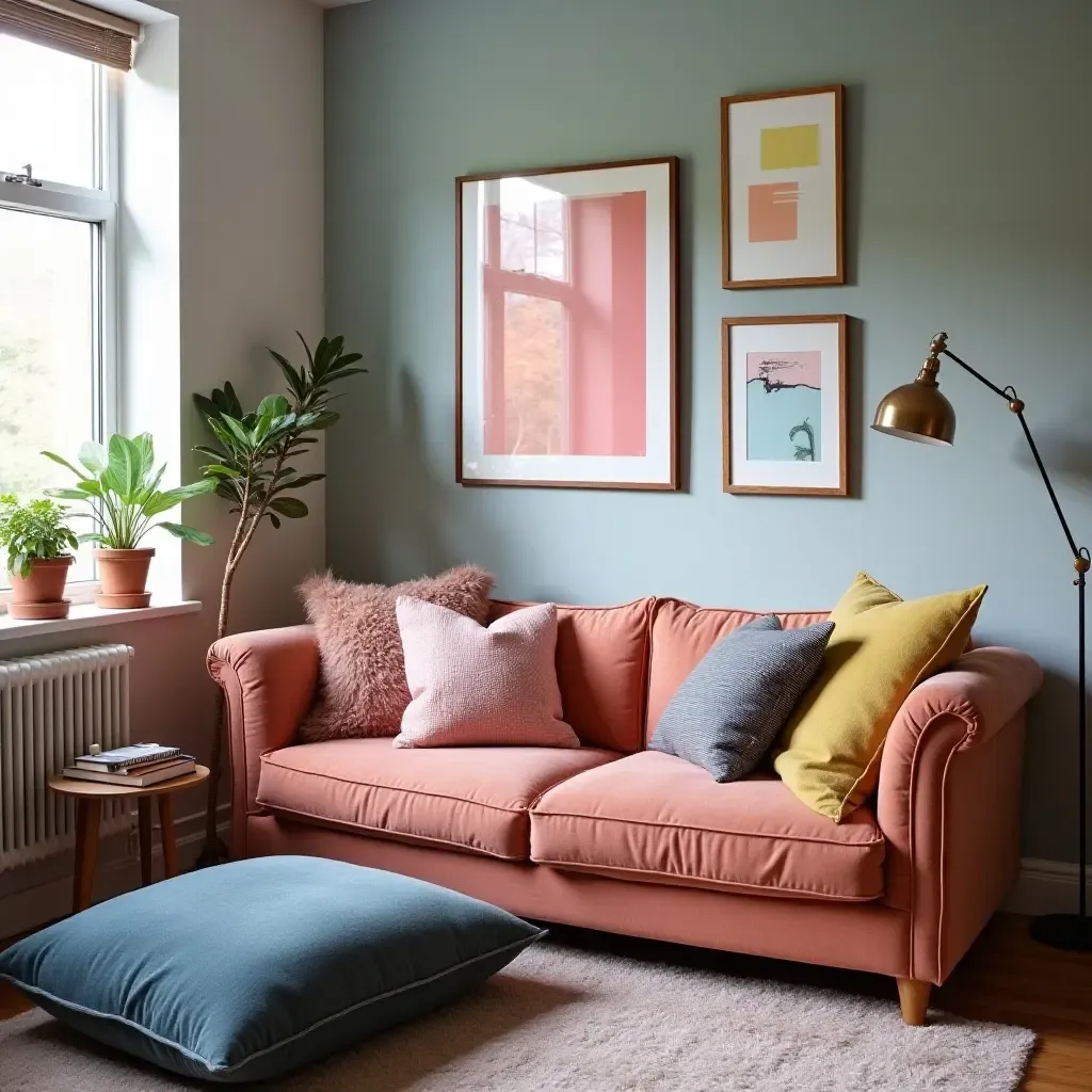 a photo of a funky teen room with mismatched throw pillows creating character