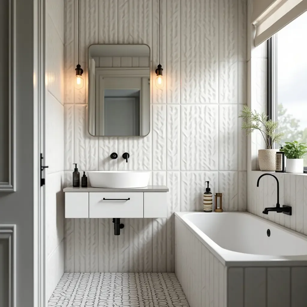 a photo of a chic bathroom with patterned tiles framing a modern sink