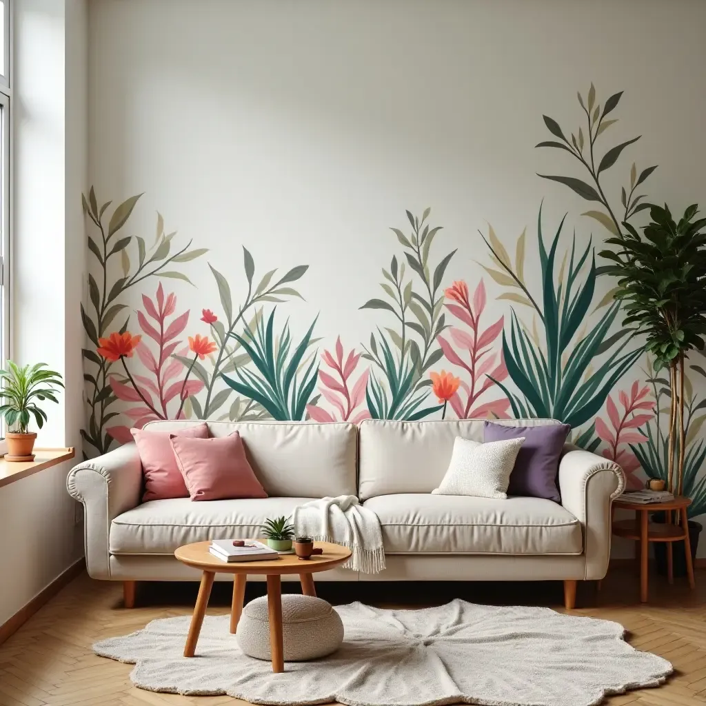 a photo of a vibrant DIY wall mural in a living room