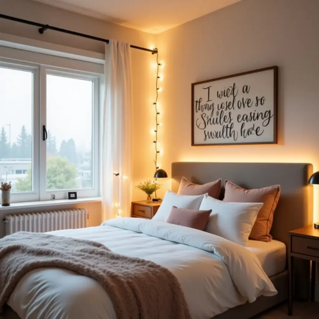 a photo of a cheerful teen bedroom with farmhouse-style wall art and fairy lights