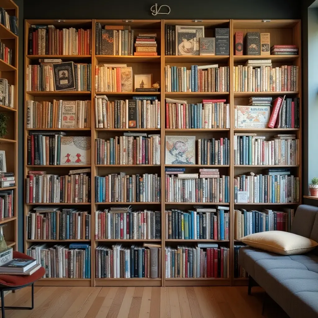 a photo of a library wall adorned with fabric art pieces