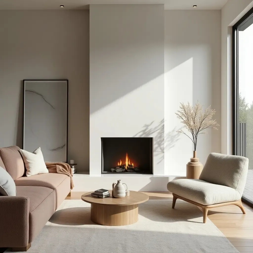 a photo of a cozy minimalist living room with a fireplace and plush textures