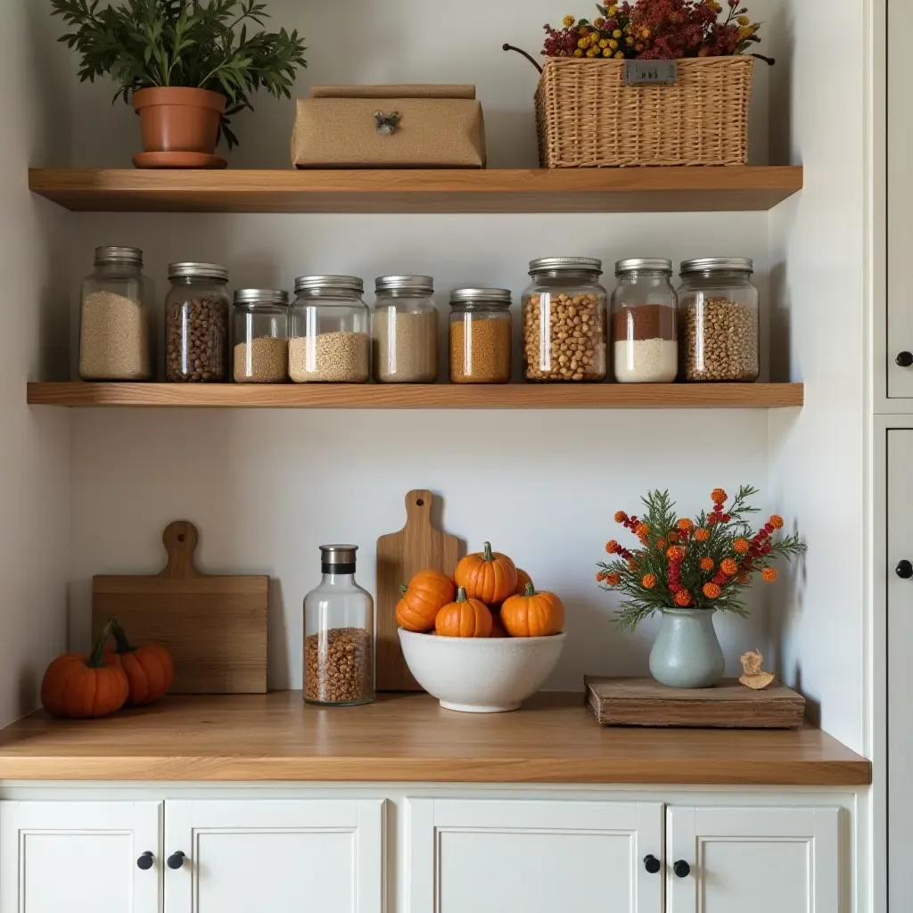 a photo of a pantry displaying seasonal decor alongside organized food items