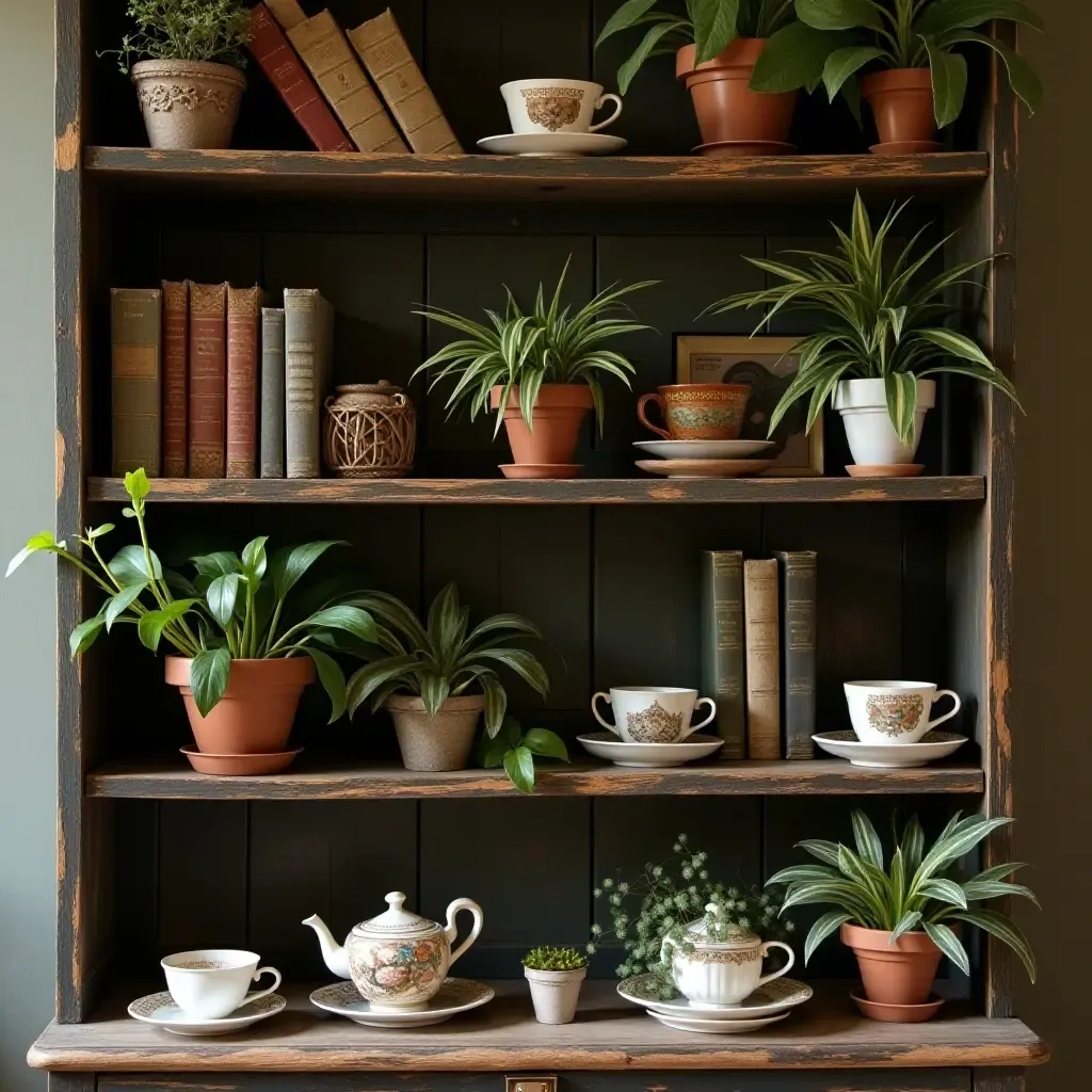 a photo of a vintage bookshelf adorned with plants and teacups